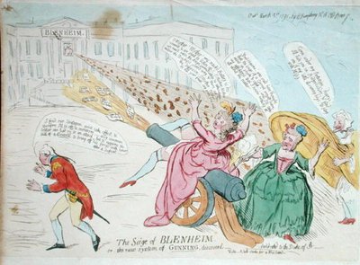 تم اكتشاف حصار بلينهايم ، أو اكتشاف نظام Gunning الجديد ، بواسطة هانا همفري في عام 1791 (نقش ملون يدويًا) بواسطة جيمس جيلراي