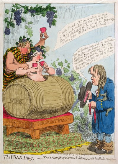 The Wine Duty أو The Triumph of Bacchus and Silenus with John Bull&39;s Remonstrance ، نشرته Hannah Humphrey في عام 1796 (النقش اليدوي) بواسطة جيمس جيلراي