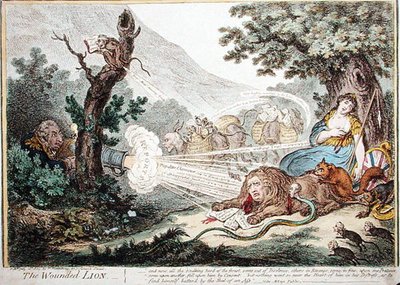 الأسد المجروح ، نشرته هانا همفري عام 1805 (نقش ملون يدويًا) بواسطة جيمس جيلراي