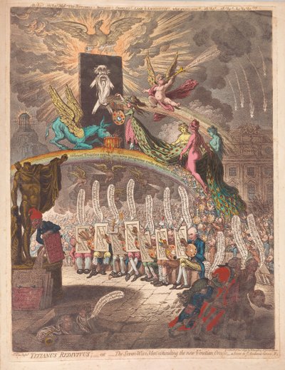 Titianus Redivivus أو Seven Wise Men يتشاورون مع Oracle Venetian الجديد ، وهو مشهد في Academic Grove No.1 ، حانة. 1797 (نقش يدوي) بواسطة جيمس جيلراي