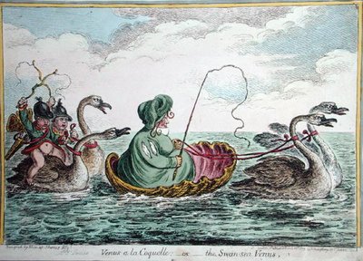 Venus a la Coquelle ، أو The Swan Sea Venus ، التي نشرتها هانا همفري في عام 1809 (نقش ملون يدويًا) بواسطة جيمس جيلراي