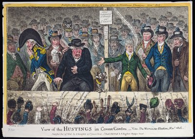 منظر لـ Hustings في Covent Garden ، نشرته Hannah Humphrey في عام 1806 (النقش الملون يدويًا باستخدام aquatint) بواسطة جيمس جيلراي