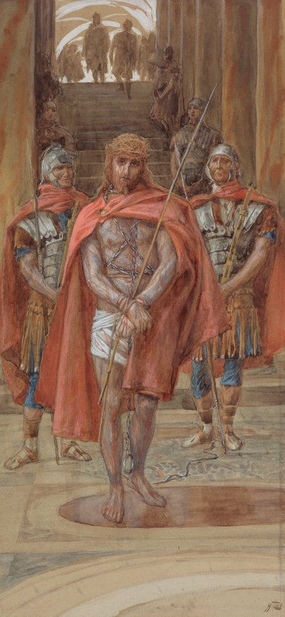 المسيح يغادر قاعة الحكم ، رسم توضيحي لحياة المسيح ، c.1886-94 (مرحاض وغواش على ورق مقوى) بواسطة جيمس جاك جوزيف تيسو