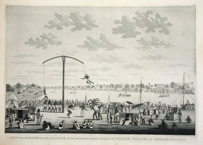 عرض على ضفاف نهر الغانج مع تمثيل Churruck Poojah…، حانة. 1810 النقش. بواسطة جيمس موفات