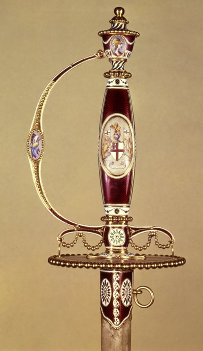 ذيل سيف مقدم للعقيد جيمس هارتلي (1745-99) من قبل شركة الهند الشرقية ، وضعه جيمس موريسيت (c.1766-c.1800) c.1780 (ذهب ومينا) بواسطة جيمس موريسيت