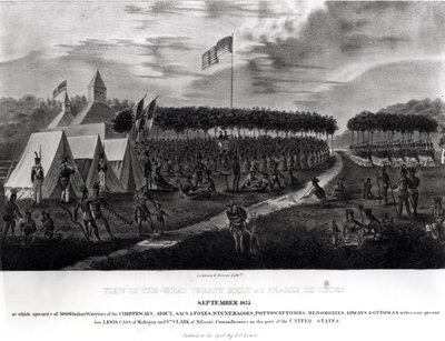 منظر للمعاهدة الكبرى التي عقدت في بريري دو شين ، ويسكونسن ، سبتمبر 1825 ، من "محفظة السكان الأصليين" ، 1825 بواسطة جيمس أوتو لويس