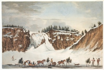 منظر شتوي لشلالات مونتمورنسي من الطريق على الجليد المواجه لها ، تم التقاطه في 12 أبريل 1781 ، محفور بواسطة جون ويلز بواسطة جيمس بيشي