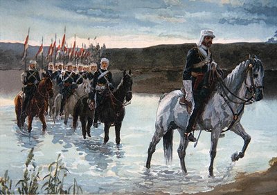ال 17 لانسر في المسيرة في وسط الهند عام 1858 (لون ليثو) بواسطة جيمس برينسيب بيدل