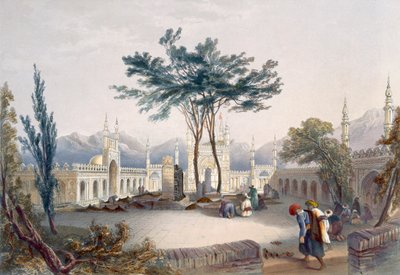 مسجد Goolaum Hoossein Huzrut-Jee ، النبي العظيم من الأفغون ، ومقابر الملوك في قندهار ، اللوحة 30 من "مشهد ، سكان وأزياء أفغانستان" ، نقشها R. Carri بواسطة جيمس راتراي