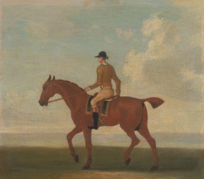 واحدة من أربع صور للخيول - حصان سباق كستنائي مع Jockey Up: المشي إلى اليسار ؛ الفارس في سترة برتقالية صفراء بواسطة جيمس سيمور