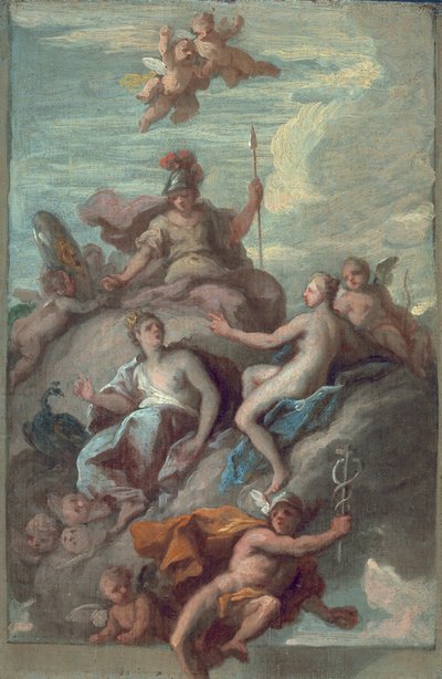 جونو ، مينيرفا وفينوس يوفدون الزئبق مع تفاحة ديسكورد ، c.1718 بواسطة جيمس ثورنهيل