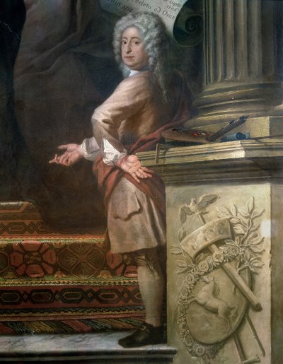 اللوحة الجدارية الخلفية للقاعة العليا التي تمجد جورج الأول 1660-1727 وبيت هانوفر ، تفاصيل الفنان ، 1718-24 انظر 208091 بواسطة جيمس ثورنهيل