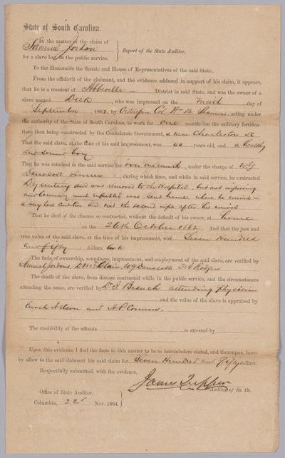 مطالبة منحتها ولاية كارولينا الجنوبية الكونفدرالية للرجل المستعبد ديك ، 23 نوفمبر 1864. بواسطة جيمس توبر