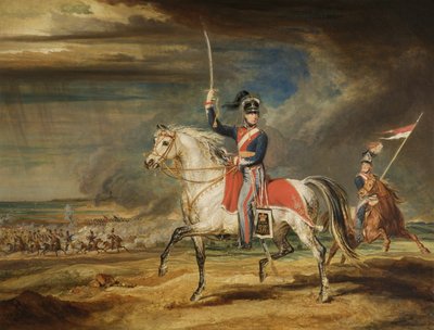 السير جون ليستر ، بت ، يمارس فوجته من شيشاير يوماني على الرمال في ليفربول ، 1824 بواسطة جيمس وارد