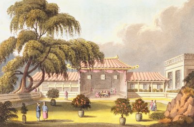 غرفة الولائم في منزل ماندارين بالقرب من كانتون ، من "مجلة رحلة ، في 1811 و 1812 إلى مدراس والصين" ، نقشها ج. كلارك ، نُشر عام 1814 بواسطة جيمس واثين