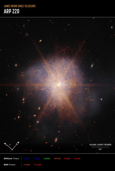 Arp 220 (صورة بوصلة NIRCam وMIRI) بواسطة تلسكوب جيمس ويب الفضائي (ناسا)