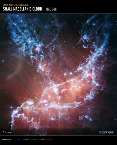 NGC 346 (صورة بوصلة MIRI) بواسطة تلسكوب جيمس ويب الفضائي (ناسا)