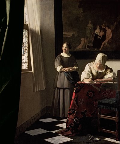 سيدة تكتب رسالة مع خادمتها ، حوالي عام 1670 (زيت على قماش) بواسطة جون فيرمير