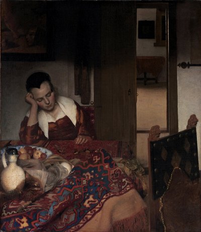 فتاة نائمة - رسم يوهانس فيرمير (فيرمير دي دلفت) (1632-1675) ، زيت على قماش بواسطة جون فيرمير