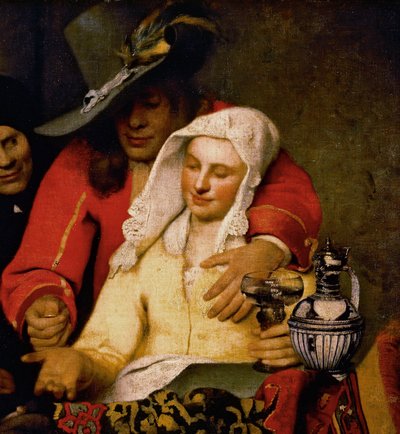 A man holds out a coin to a woman touching her breast, detail from The Procuress بواسطة جون فيرمير