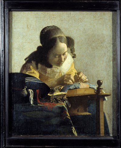 الدانتيل. رسم جان (يوهانس) فيرمير ديلفت (1632-1675) ، حوالي 1658-1660. زيت على قماش. خافت: 0،24x0،21 م. متحف اللوفر. بواسطة جون فيرمير