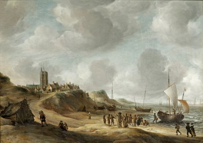 إطلالة على Egmond aan Zee مع الصيادين على الشاطئ والشحن البحري بواسطة جان أبراهامز. معدلات البيرة