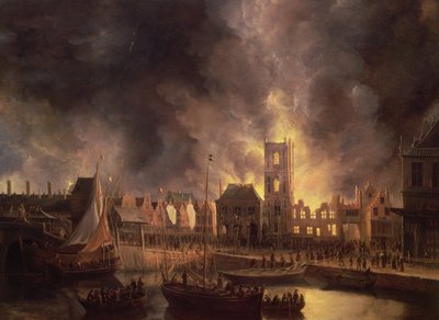 الحريق العظيم في قاعة المدينة القديمة ، أمستردام ، 1652 ، القرن السابع عشر بواسطة جان أبراهامز. معدلات البيرة