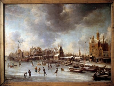 المناظر الطبيعية الشتوية. المتزلجين على بحيرة متجمدة. لوحة بورستاتن (1622-1666) القرن السابع عشر. برلين ، متحف Staatliche بواسطة جان أبراهامز. معدلات البيرة