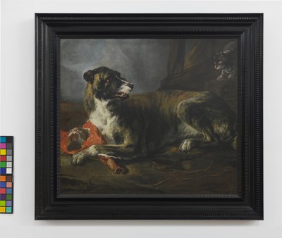 كلب صيد خنزير مع مفصل لحم بالقرب من قطة غاضبة، حوالي 1647-55 (زيت على قماش) بواسطة جان بابتيست وينيكس