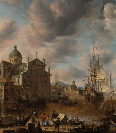ميناء "كابريشيو" متوسطي مع شخصيات تتحدث على رصيف ورباط هولندي بثلاثة أسياد ، 1665 بواسطة جان بيرستراتن