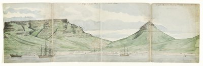 منظر جبل تيبل وكيب تاون من البحر رأس الرجاء الصالح كما بدا آو. 1787 (العنوان على الكائن) بواسطة جان برانديز