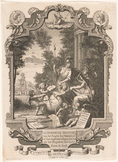 خرطوش مع قصة رمزية عن تاريخ اليونان صفحة العنوان لـ: Kornelis Westerbaen ، Algemeene Histori ، 1742 بواسطة جان كاسبار فيليبس