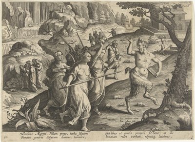 Vrouwen verjagen een sater Jachttaferelen (عنوان المسلسل) صيد الحيوانات البرية والطيور والأسماك في بيستاري (عنوان السلسلة) بواسطة جان فان دير سترايت