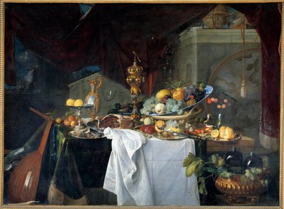 A still life table dessert covered with dishes with musical instrument. Painting by Jan David Heem (1606-1684) 1640 Sun. 1,49x2,03 m بواسطة Jan Davidsz de Heem