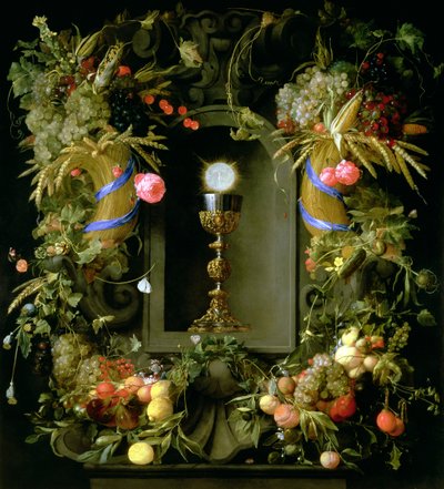 كأس بالتواصل ومضيف ، محاط بأكاليل من الفاكهة بواسطة Jan Davidsz de Heem