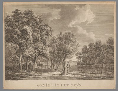 منظر طبيعي مع زوجين يسيران على طول ضفاف نهر جين Gezigt in het Geÿn (العنوان على الكائن) بواسطة جان إيفرت جريف