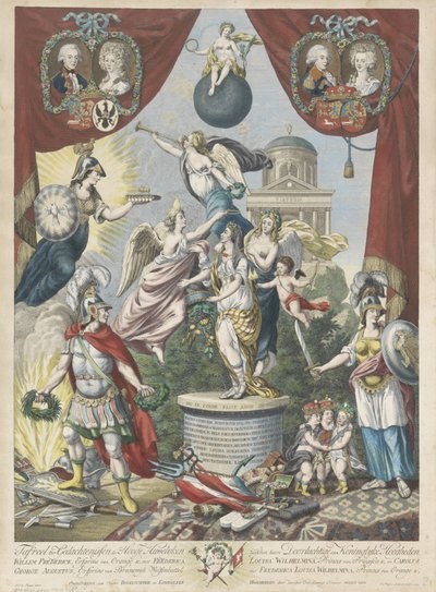 طباعة جمل حول زيجات ابن وابنة فيليم الخامس ، 1790-1791 تافريل تير غيداشتنيسن دير هوج هوليكن بين (...) فيليم فريدريك ، أمير أورانج الوراثي ، مع فريدريكا لويزا ويلهيلمينا ، الأمراء فان برويسن وكارولوس جورج أغسطس بواسطة جان جريتش. فيسر