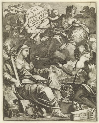 رمز الكنيسة وتاريخ العالم صفحة العنوان لـ Willem Goeree ، De kerklyke en weereldlyke historyien. 1729 الكنيسة وتاريخ العالم وصف الأرض القديم (العنوان على الكائن) بواسطة يوهانس فان أبكودي
