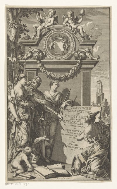 يعلّم العدل قوانين أوتريخت Costumen Usantien en Policien der stad Utrecht (العنوان على الكائن) صفحة العنوان لـ Willem Van der Meulen ، Costumen ، usantien ، Policien ende style ofدعوى ، der stadt Utrecht ، 1709 بواسطة فيليم برويدليت