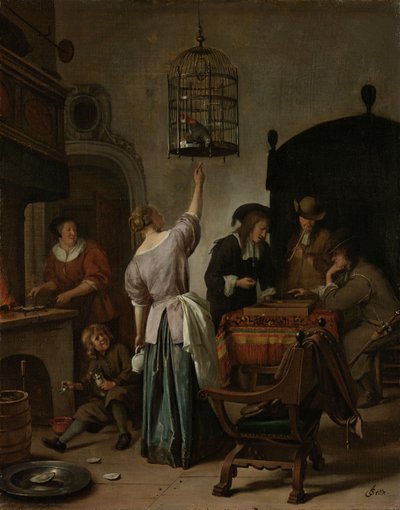 الداخلية مع امرأة تغذي ببغاء ، تعرف باسم "قفص الببغاء" ، c.1660-70 (زيت على قماش على لوحة) بواسطة جان هافكسزون ستين