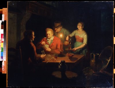 لعبة ورق. رسم جان هندريك فان جروتفيلد (1808-1855). زيت على خشب ، 70 × 93 سم ، فن هولندي من القرن التاسع عشر. متحف الشرق الأقصى ، خاباروفسك (روسيا). بواسطة جان هندريك فان جروتفيلت
