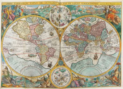 إتينيراريوم. خريطة العالم بالأزياء والسكان الأصليين والسفن والنباتات والحيوانات ، 1644. بواسطة جان هوجين فان لينشوتين