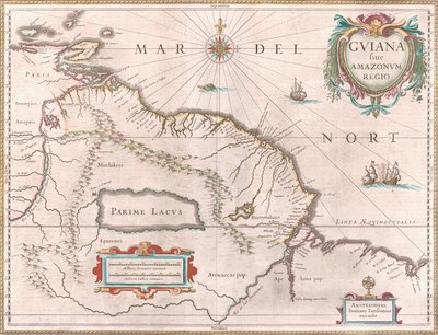 خريطة تم إنشاؤها حوالي عام 1649 تصور منطقة غويانا. الأراضي التي تطالب بها إسبانيا باللون الأحمر إلى الغرب ، وسلطت الضوء على منطقة غيانا الهولندية باللون الأصفر والبرتغالي باللون الأحمر إلى الجنوب الشرقي. بحيرة باريم الأسطورية مرئية أيضًا بواسطة جان جانسونيوس