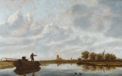 رجال على مركب في منظر طبيعي نهري مع كنيسة بعيدة (زيت على لوحة) بواسطة يان جوزيفس. فان (دائرة) جوين