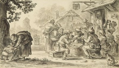 لعبة بطاقات المزارعين أمام النزل ، 1624 (قلم رصاص وقلم وحبر وفرشاة على ورق) بواسطة جان جوزيفز فان جوين