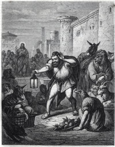Esop and Christ: الكاتب اليوناني Esop (Esop أو Esopus ، القرن السادس قبل الميلاد) ، ومعه فانوس في يده ، يتجول بين الشخصيات برؤوس الحيوانات بحثًا عن "رجل". خلفه نرى يسوع المسيح. رسم إيضاحي مستوحى من أسطورة "Esope a un بواسطة جان لويكن