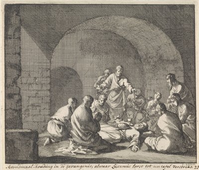 تحتفل سانت لوسيان بالعشاء الرباني في السجن وضعية العشاء في السجن حيث يمد لوسيان صدره إلى طاولة (العنوان على الشيء) بواسطة جان لويكن