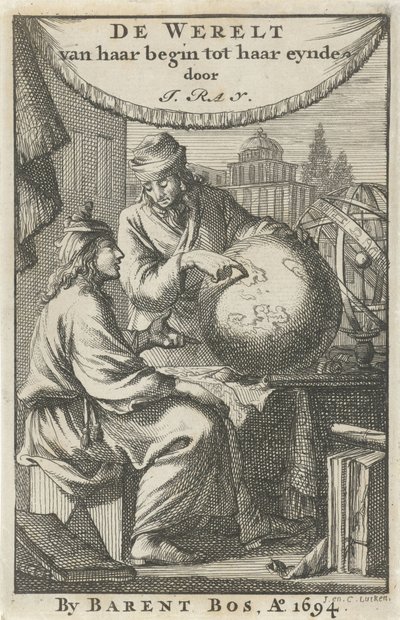 رجلان يدرسان الكرة الأرضية صفحة عنوان: J. Ray ، العالم من بدايته إلى نهايته ، 1694 بواسطة بارينت بوس