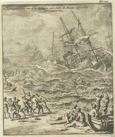 حطام السفينة في رأس الرجاء الصالح ، 1693 تحطم ثلاث سفن في كابو دي بون الترجي (العنوان على الجسم) بواسطة جان لويكن