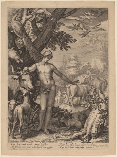 آدم تسمية الحيوانات بواسطة Jan Pietersz Saenredam after Abraham Bloemaert